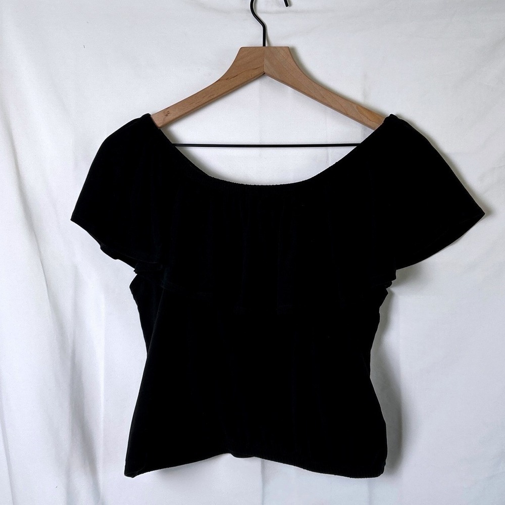 Feathers Women Top Black Size 1X Off Shoulder Ruffle Cropped Coquette Romantic